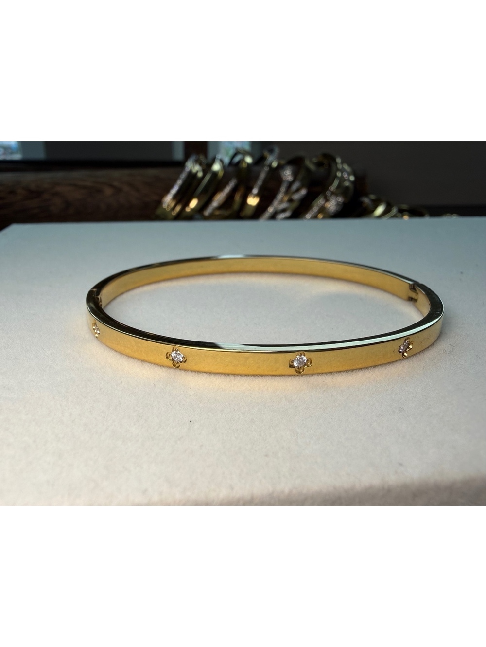 Non-Tarnish 18K Gold Plated Crystal Flower Bangle - Picture 3 of 3